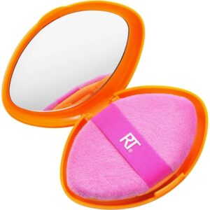 Real Techniques Miracle 2-In-1 Powder Puff + Travel Case Dual-Sided Makeup Blending Puff Elastic Band Precision Makeup Sponge and Powder Puff For Liquid Cream and Powders Travel Case