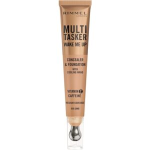 Multi-Tasker Wake Me Up Foundation & Concealer 050 Sand Depuffs Brightens Dark Circles Metallic Cooling Applicator Caffeine Vitamin C 2% Niacinamide Vegan Cruelty Free