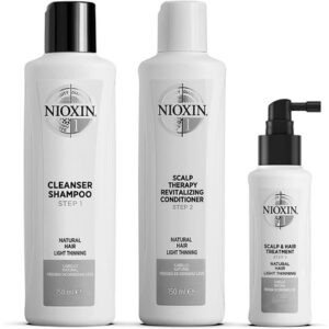 Nioxin 3-Part System 1 Natural Hair with Light Thinning Hair Treatment Scalp Therapy Hair Thickening Treatment Trial Kit 3 Piece Set