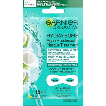 Garnier Eye Cloth Mask Moisturizing Against Swollen Eyes Smoothing Fine Lines Vegan Formula with Coconut Water and Hyaluronic Acid Hydra Bomb 6g