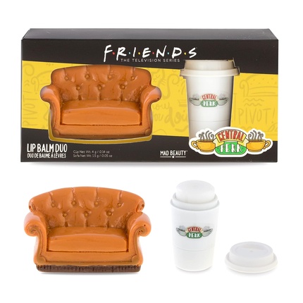 FRIENDS TV Show Central Perk Sofa & Cup Lip Balm Duo Strawberry & Vanilla Scented Sweet Fruity Hydration Sofa & Cup Molded Lip Set Iconic Friends TV Series Themed Gift Novel Nostalgic Central Perk Duo