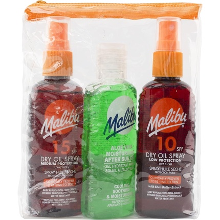 Malibu Sun Travel Essentials Dry Oil Sprays and Soothing Aloe Vera Aftersun Gel Medium Protection Water Resistant SPF 10 and 15 3 x 100ml - Pack of 3