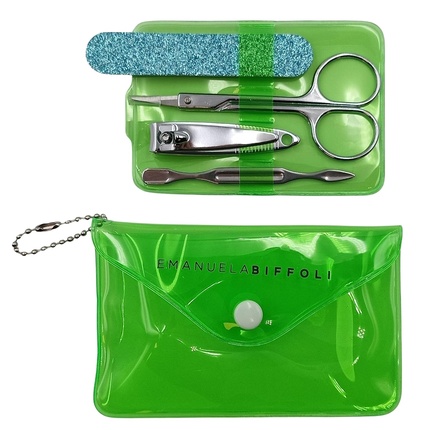 Emanuela Biffoli Manicure Set with 4 Accessories: Scissors, Nail Clippers, Nail File with 2 Grits, and Cuticle Pusher in PVC Bag for Travel