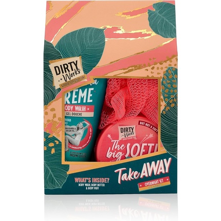 Dirty Works Take Away Overnight Set Signature Body Wash Body Butter and Body Puff for a Luxurious Night-Time Routine