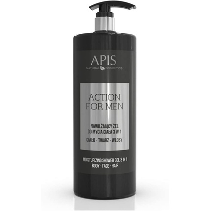 APIS ACTION FOR MEN Hydrating 3-in-1 Wash Gel for Body, Face, and Hair with Hydromanil Complex, Hyaluronic Acid, Aloe, Flax, and Ginseng 1L