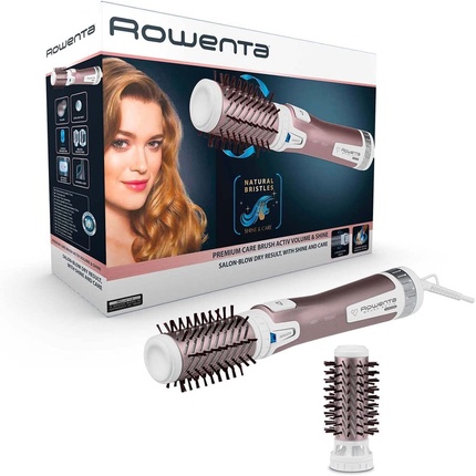 Rowenta CF9540 Brush Activ Premium Care Hot Air Brush with Natural Bristles and Cashmere-Keratin Coating 2 Attachments White 1000W Rotating Ionizing Natural Bristles