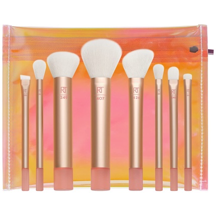 Real Techniques The Wanderer Makeup Brush Set Premium and Professional Soft Bristles for Foundations Powders Concealers 9-Piece Set Gold