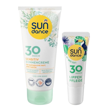 SUNDANCE Sun Protection Set: SENSITIVE Sunscreen SPF 30 for Sensitive Skin with UVA+UVB Protection, without Octocrylene & Perfume 100ml + Mint Lip Care SPF 30 10ml
