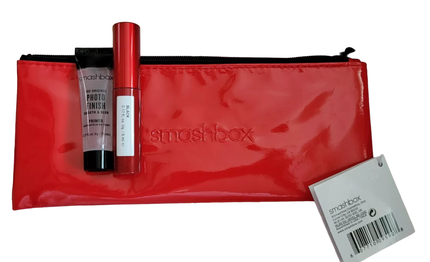 Smashbox Deluxe Trial Size Set - Super Fan Volumizing Mascara Black 5 Ml, Photo Finish Smoothing Liquid Primer 71 Ml, Textile Makeup Bag Red