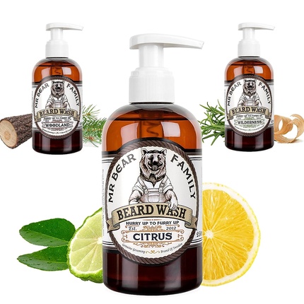 Mr Bear Family Natural Beard Shampoo for Men 250ml Citrus - 2-in-1 Beard Soap and Conditioner - Moisturizes for a Fuller, Healthier Beard - Citrus Scent