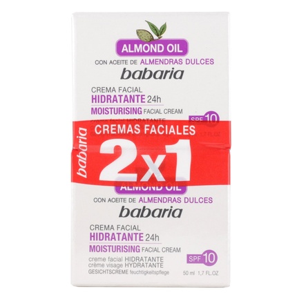 Babaria Anti-Wrinkle and Moisturizing Facial Cream 24 Hours with Sweet Almond Oil and SPF 10 100ml - Pack of 2
