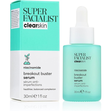 Super Facialist Breakout Buster Serum Clear Skin Solutions Spot Treatment for Acne with 10% Niacinamide Tea Tree Oil Prebiotics Vegan Friendly 30ml