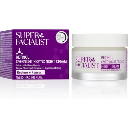 Super Facialist Retinol Overnight Resync Night Cream SleepSmart Complex Retinol & Hyaluronic Acid for Fine Lines & Wrinkles Vegan Friendly Anti Ageing Face Cream for Smooth Skin 50ml