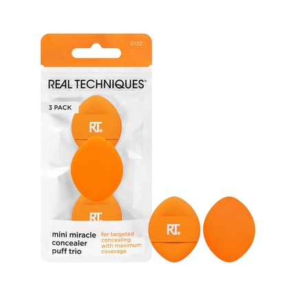 Real Techniques Mini Miracle Concealer Puff Trio Small Makeup Puff for Liquid Cream Foundation Targeted Concealing Travel Friendly Reusable Vegan Cruelty Free Mini Powder Puff